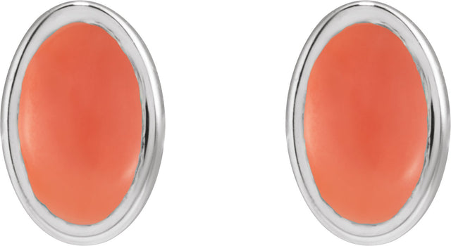 14K Gold Natural Pink Coral Oval Bezel-Set Cabochon Earrings - White Gold - view 2