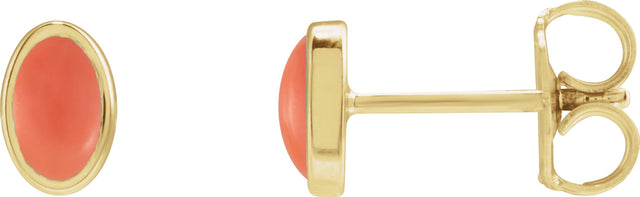 14K Gold Natural Pink Coral Oval Bezel-Set Cabochon Earrings - Yellow Gold