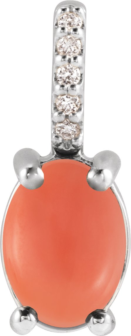 Platinum Oval Natural Pink Coral & Natural Diamond Accented Cabochon Necklace or Pendant – 0.02 CTW