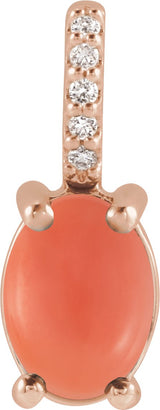 14K Gold Oval Natural Pink Coral & Natural Diamond Accented Cabochon Necklace or Pendant – 0.02 CTW - Rose Gold