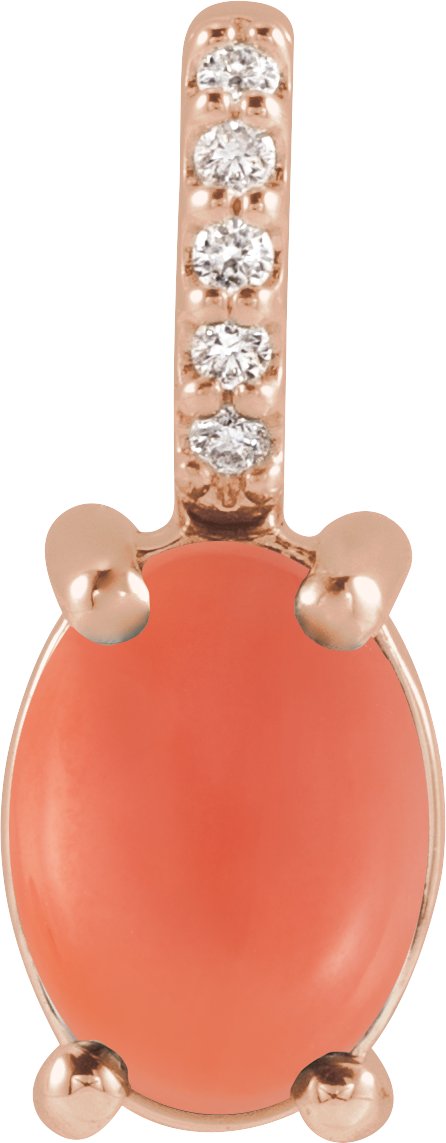 14K Gold Oval Natural Pink Coral & Natural Diamond Accented Cabochon Necklace or Pendant – 0.02 CTW - Rose Gold