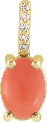 14K Gold Oval Natural Pink Coral & Natural Diamond Accented Cabochon Necklace or Pendant – 0.02 CTW - Yellow Gold