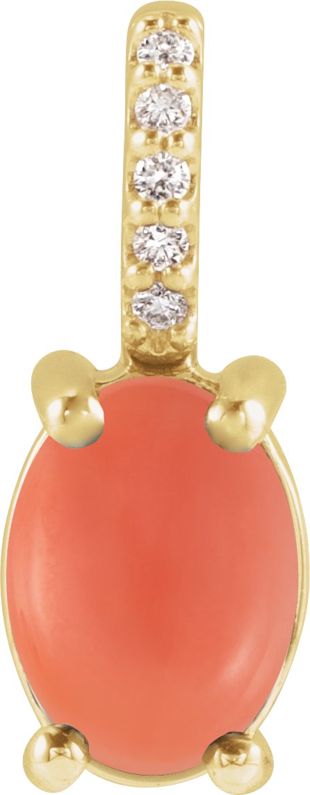 14K Gold Oval Natural Pink Coral & Natural Diamond Accented Cabochon Necklace or Pendant – 0.02 CTW - Yellow Gold