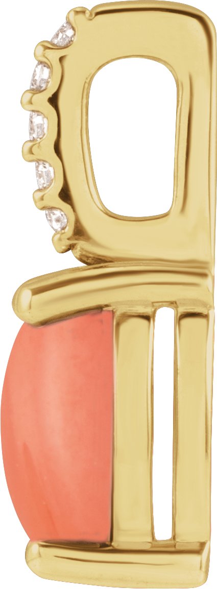 14K Gold Oval Natural Pink Coral & Natural Diamond Accented Cabochon Necklace or Pendant – 0.02 CTW - Yellow Gold - view 2