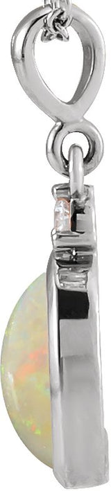 14K Gold Oval Natural White Opal & Natural Diamond Cabochon Bezel-Set Necklace or Pendant – 12x10mm - White Gold - view 4