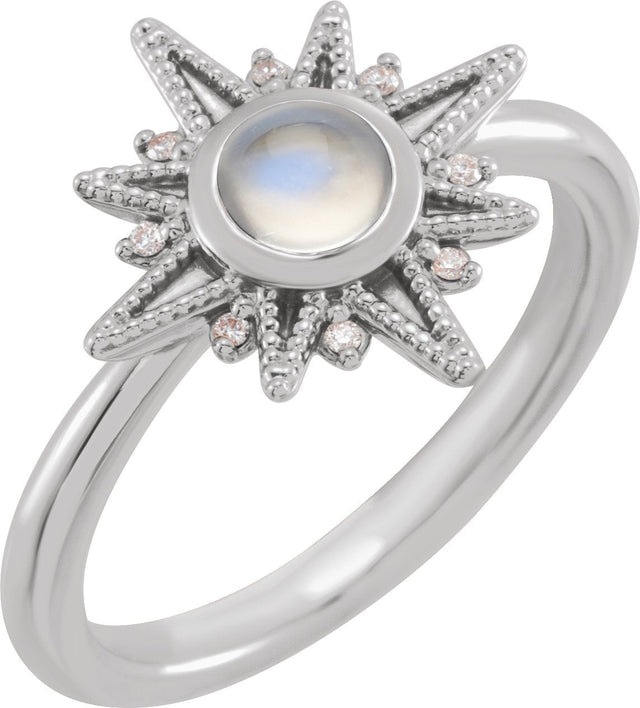Platinum Round Natural Rainbow Moonstone & Natural Diamond Star Cabochon Ring