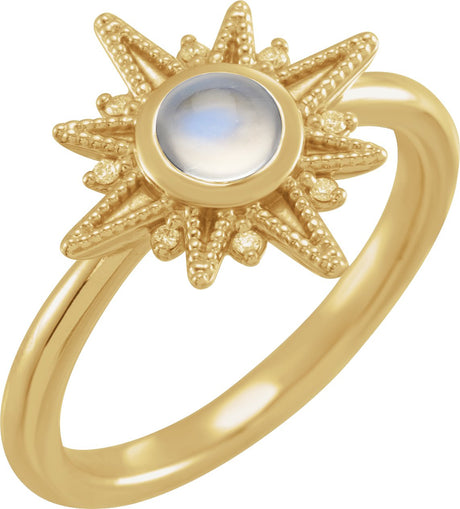 14K Gold Round Natural Rainbow Moonstone & Natural Diamond Star Cabochon Ring - Yellow Gold