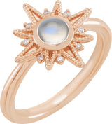 14K Gold Round Natural Rainbow Moonstone & Natural Diamond Star Cabochon Ring - Rose Gold