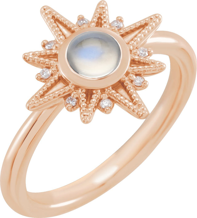 14K Gold Round Natural Rainbow Moonstone & Natural Diamond Star Cabochon Ring - Rose Gold