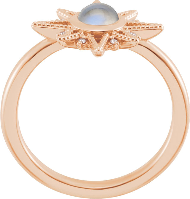 14K Gold Round Natural Rainbow Moonstone & Natural Diamond Star Cabochon Ring - Rose Gold - view 2