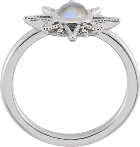 Platinum Round Natural Rainbow Moonstone & Natural Diamond Star Cabochon Ring - view 2