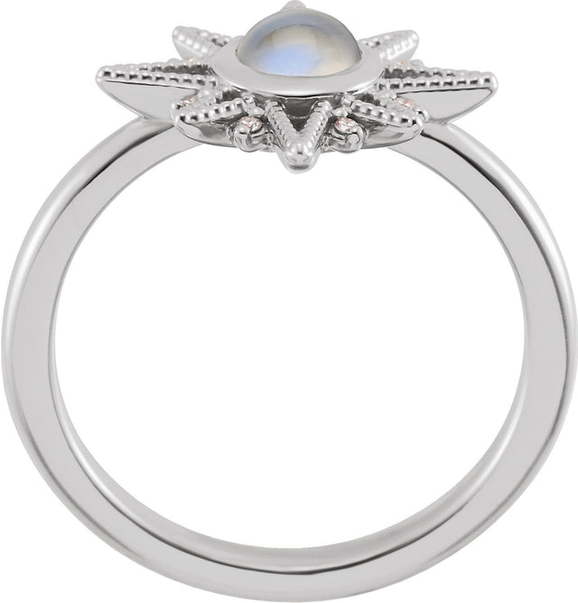 Platinum Round Natural Rainbow Moonstone & Natural Diamond Star Cabochon Ring - view 2