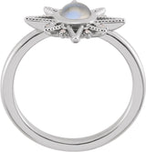 14K Gold Round Natural Rainbow Moonstone & Natural Diamond Star Cabochon Ring - White Gold - view 2