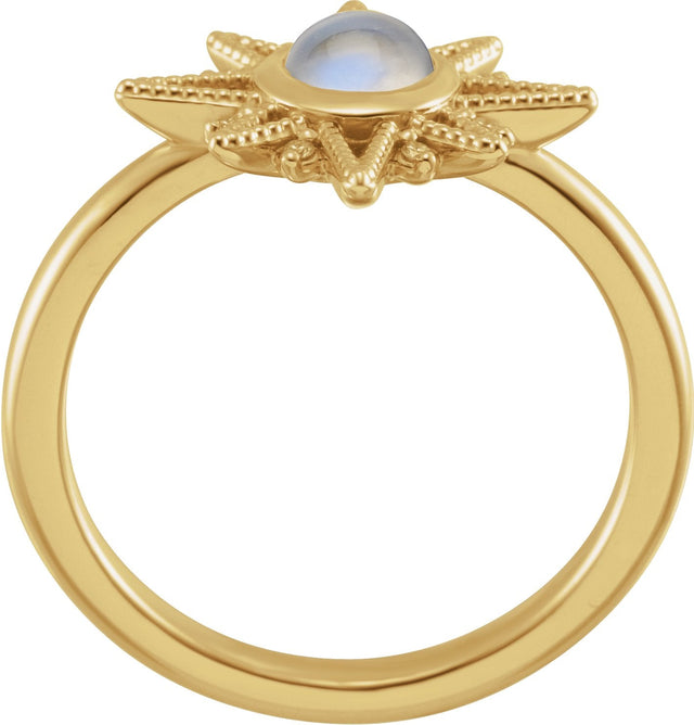 14K Gold Round Natural Rainbow Moonstone & Natural Diamond Star Cabochon Ring - Yellow Gold - view 2