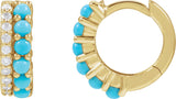 14K Gold Round Natural Turquoise & Natural Diamond Accented Cabochon Hoop Earrings – 2mm Stones - Yellow Gold