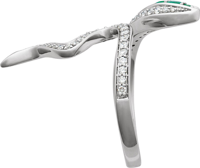 14K Gold Round Natural Emerald & Natural Diamond Accented Snake Ring - White Gold - view 3