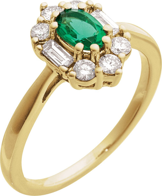 14K Gold Oval Lab-Grown Emerald & Natural Diamond Halo-Style Ring - Yellow Gold