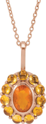 14K Gold Oval Natural Mexican Fire Opal & Natural Citrine Cabochon Halo-Style Necklace or Pendant - Rose Gold