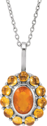 Platinum Oval Natural Mexican Fire Opal & Natural Citrine Cabochon Halo-Style Necklace or Pendant