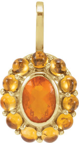 14K Gold Oval Natural Mexican Fire Opal & Natural Citrine Cabochon Halo-Style Necklace or Pendant - Yellow Gold