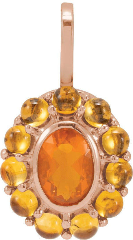 14K Gold Oval Natural Mexican Fire Opal & Natural Citrine Cabochon Halo-Style Necklace or Pendant - Rose Gold