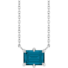 Platinum Emerald Natural London Blue Topaz Solitaire Necklace