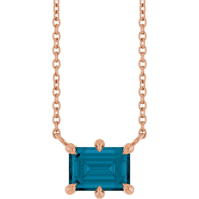 14K Gold Emerald Natural London Blue Topaz Solitaire Necklace - Rose Gold