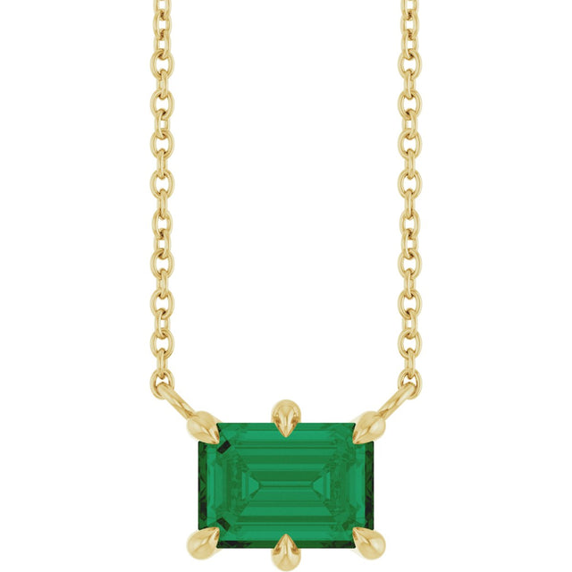 14K Gold Emerald Lab-Grown Emerald Solitaire Necklace – 7x5mm - Yellow Gold