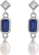 Platinum Emerald Lab-Grown Blue Sapphire & Cultured White Akoya Pearl & Natural Diamond Accented Pearl Earrings - view 2