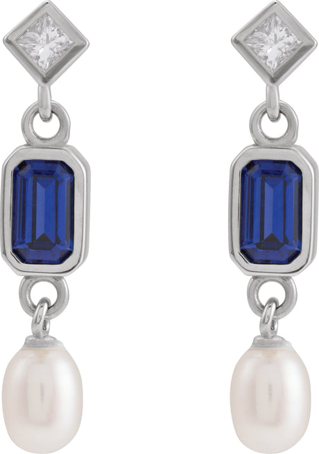 Platinum Emerald Lab-Grown Blue Sapphire & Cultured White Akoya Pearl & Natural Diamond Accented Pearl Earrings - view 2