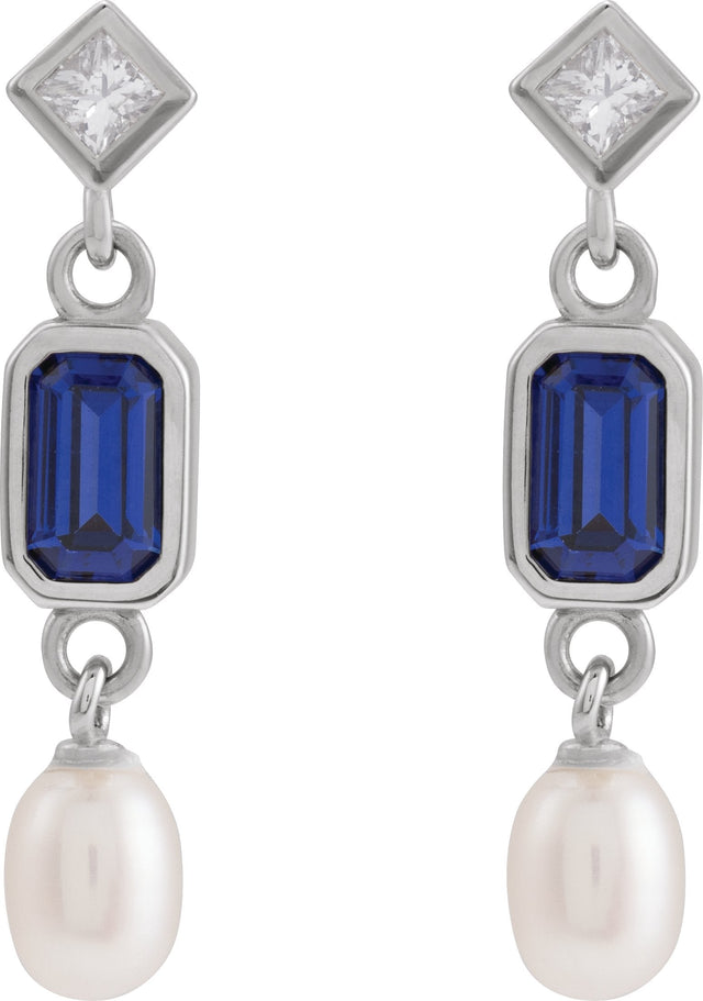 Platinum Emerald Lab-Grown Blue Sapphire & Cultured White Akoya Pearl & Natural Diamond Accented Pearl Earrings - view 2