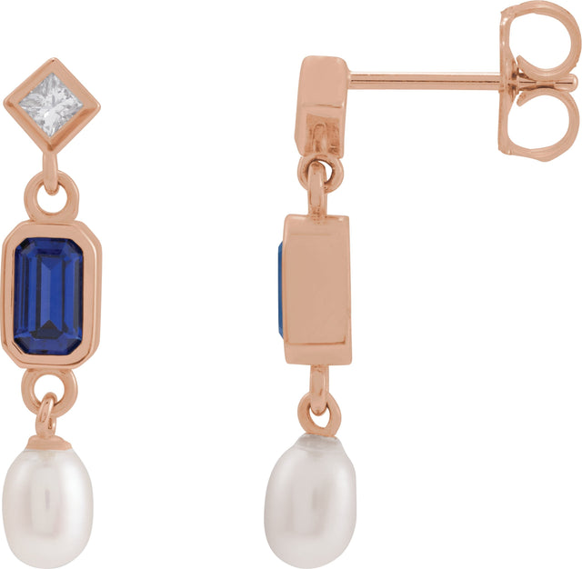 14K Gold Emerald Lab-Grown Blue Sapphire & Cultured White Akoya Pearl & Natural Diamond Accented Pearl Earrings - Rose Gold
