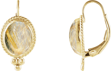 14K Gold Oval Natural Rutilated Quartz Cabochon Earrings