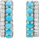 14K Gold Round Natural Turquoise & Natural Diamond Accented Cabochon Hoop Earrings – 2mm Stones - White Gold - view 3