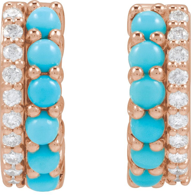 14K Gold Round Natural Turquoise & Natural Diamond Accented Cabochon Hoop Earrings – 2mm Stones - Rose Gold - view 3