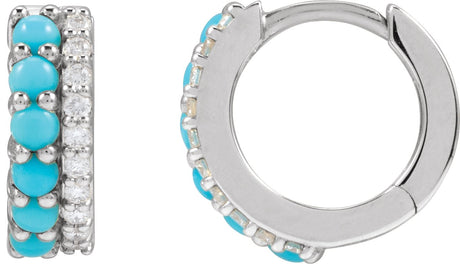Platinum Round Natural Turquoise & Natural Diamond Accented Cabochon Hoop Earrings – 2mm Stones - view 2