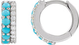 14K Gold Round Natural Turquoise & Natural Diamond Accented Cabochon Hoop Earrings – 2mm Stones - White Gold - view 2