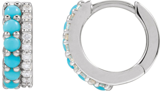 14K Gold Round Natural Turquoise & Natural Diamond Accented Cabochon Hoop Earrings – 2mm Stones - White Gold - view 2