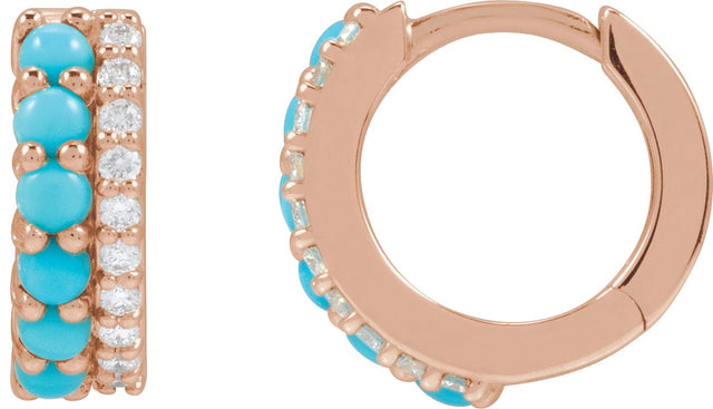 14K Gold Round Natural Turquoise & Natural Diamond Accented Cabochon Hoop Earrings – 2mm Stones - Rose Gold - view 2