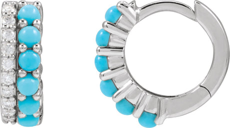 Platinum Round Natural Turquoise & Natural Diamond Accented Cabochon Hoop Earrings – 2mm Stones