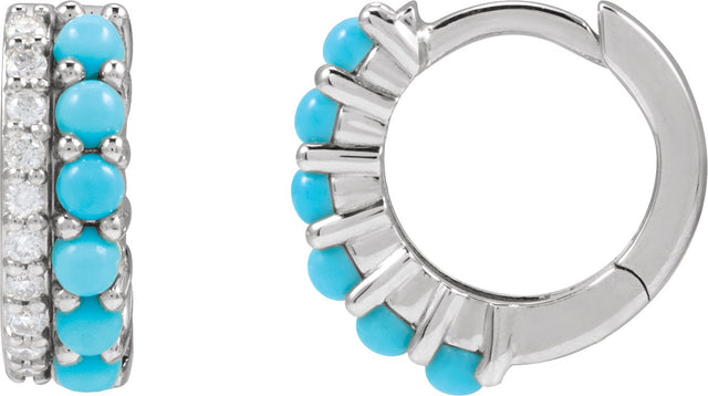 Platinum Round Natural Turquoise & Natural Diamond Accented Cabochon Hoop Earrings – 2mm Stones