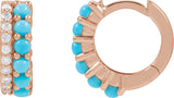 14K Gold Round Natural Turquoise & Natural Diamond Accented Cabochon Hoop Earrings – 2mm Stones - Rose Gold