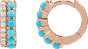 14K Gold Round Natural Turquoise & Natural Diamond Accented Cabochon Hoop Earrings – 2mm Stones - Rose Gold