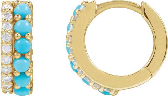 14K Gold Round Natural Turquoise & Natural Diamond Accented Cabochon Hoop Earrings – 2mm Stones - Rose Gold - view 4