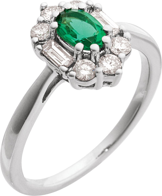 14K Gold Oval Lab-Grown Emerald & Natural Diamond Halo-Style Ring - White Gold