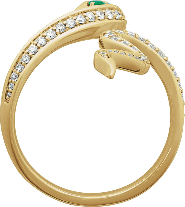 14K Gold Round Natural Emerald & Natural Diamond Accented Snake Ring - Yellow Gold - view 2