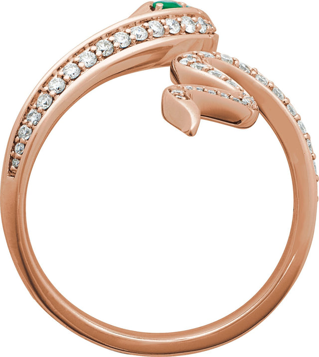 14K Gold Round Natural Emerald & Natural Diamond Accented Snake Ring - Rose Gold - view 2