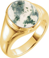 14K Gold Oval Natural Moss Agate Bezel-Set Cabochon Ring - Yellow Gold