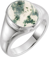 14K Gold Oval Natural Moss Agate Bezel-Set Cabochon Ring - White Gold