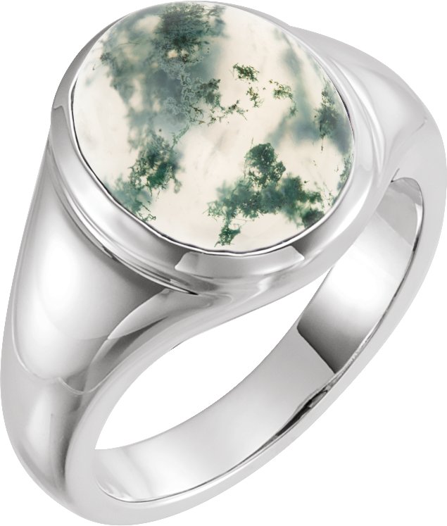 14K Gold Oval Natural Moss Agate Bezel-Set Cabochon Ring - White Gold